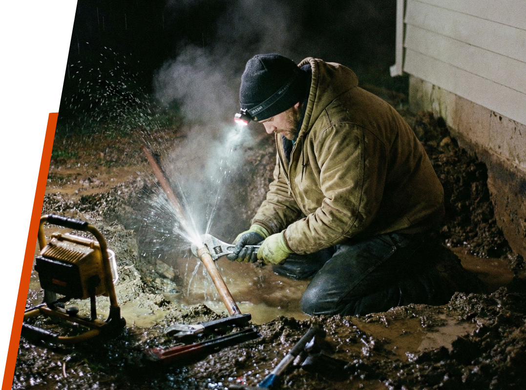 plumber working at night fixing a burst pipe
