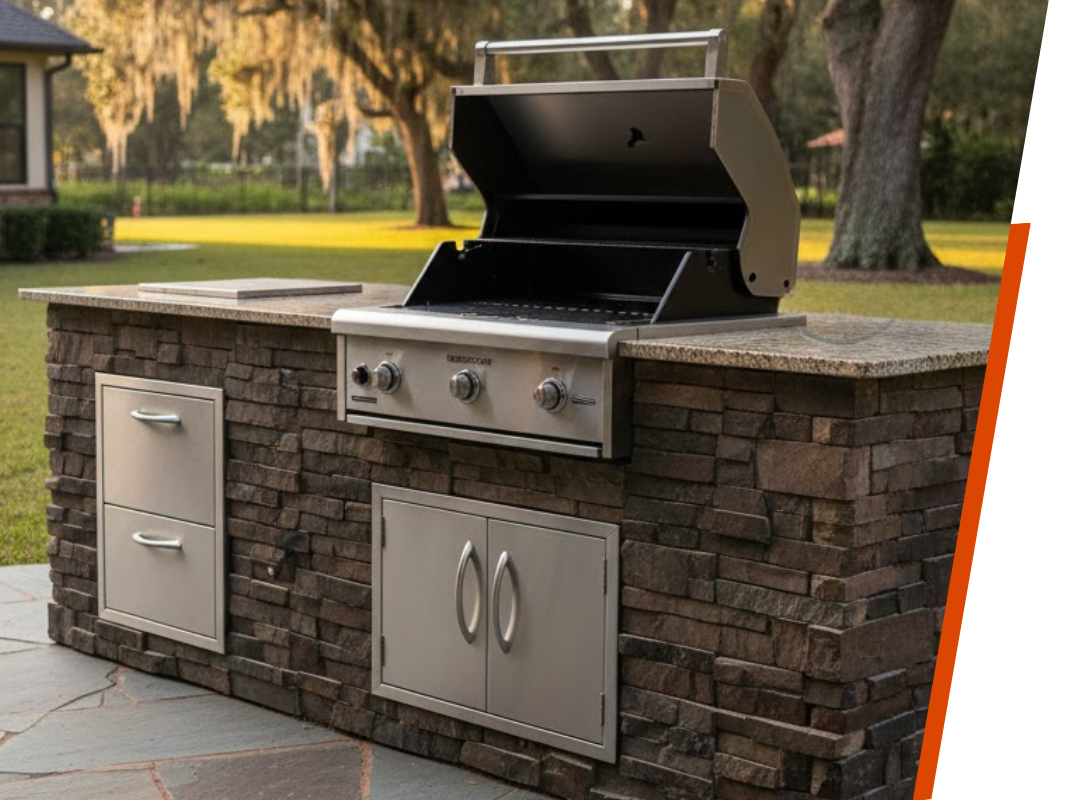 A high-end outdoor kitchen with a gas grill and natural stone finishes