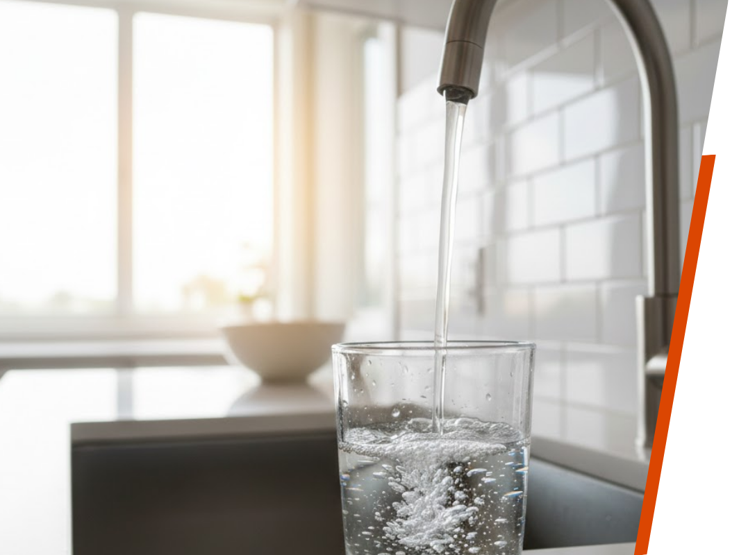 Clean, crystal-clear water pouring from a modern kitchen faucet into a glass after a successful home repiping