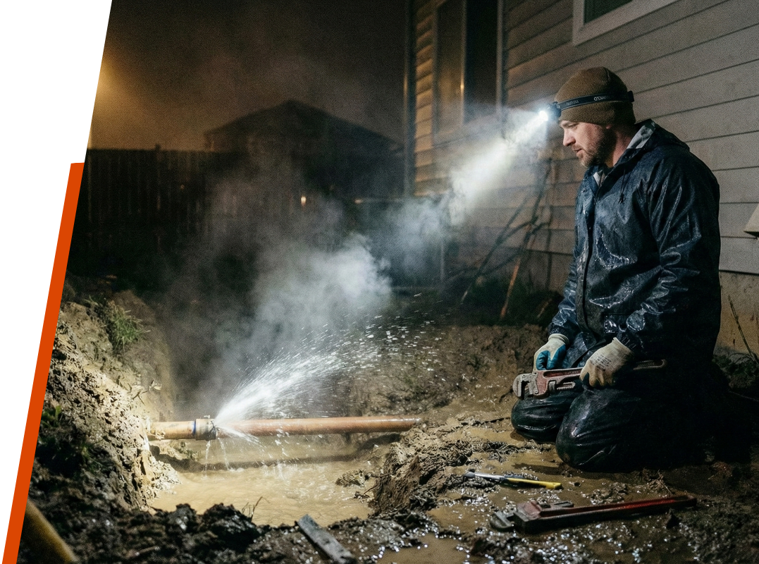 a plumber working at night with a headlamp fixing a burst pipe