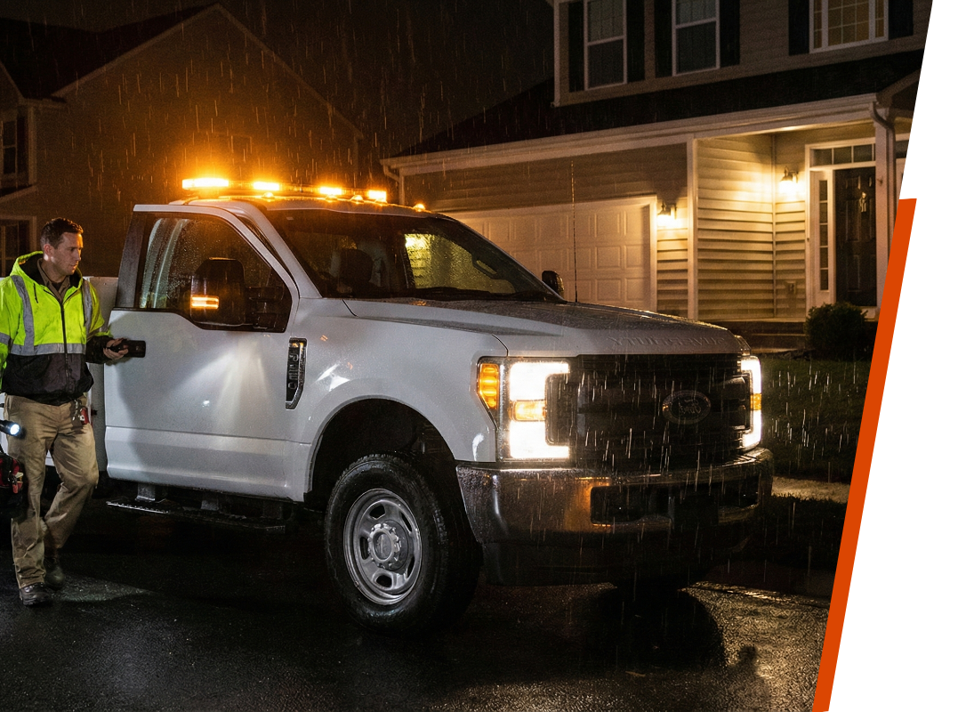 emergency plumber arriving at a home at night