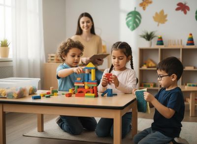 Three young children, two boys and one girl, build with colorful wooden blocks at a low table, supervised by a smiling female teacher. Children Playing with Building Blocks in a Classroom