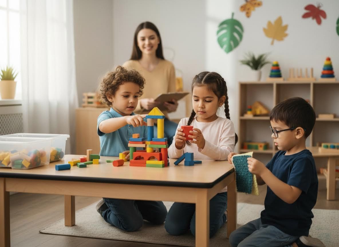 Children Playing with Building Blocks in a Classroom