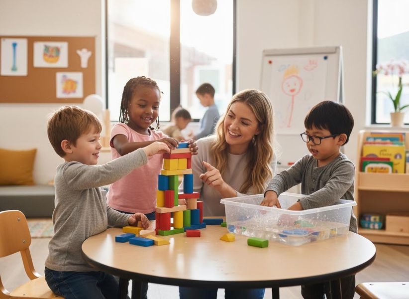 A diverse group of happy preschool children and their female teacher play with colorful building blocks and water at a table in a bright classroom. Children and Teacher Engaged in Classroom Play