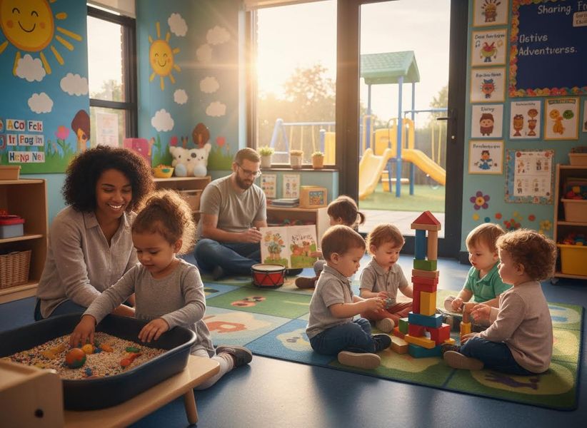 Diverse young children and teachers engaged in play, reading, and sensory activities in a bright, colorful preschool classroom with a playground view. Preschoolers engaged in play and learning activities