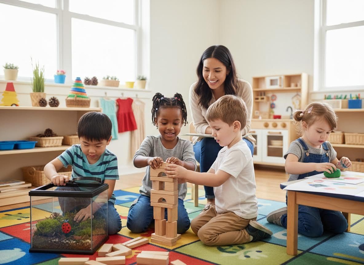 Teacher and diverse preschoolers engaged in various play activities