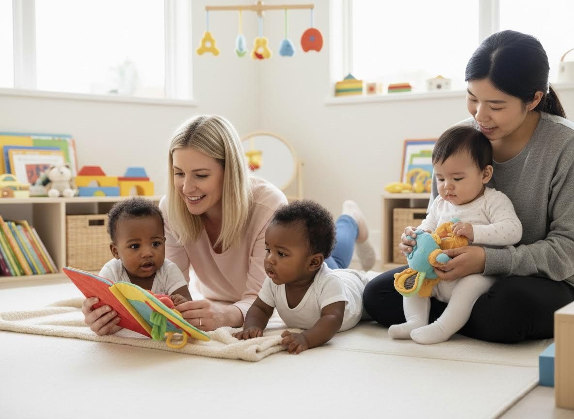 Women and babies playing with books and toys