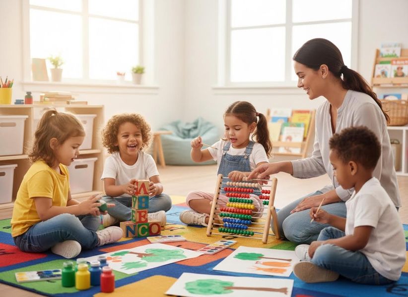 A diverse group of four young children and a female teacher interact happily with an abacus, blocks, and painting supplies on a colorful rug in a bright classroom. Diverse Children and Teacher Learning and Playing