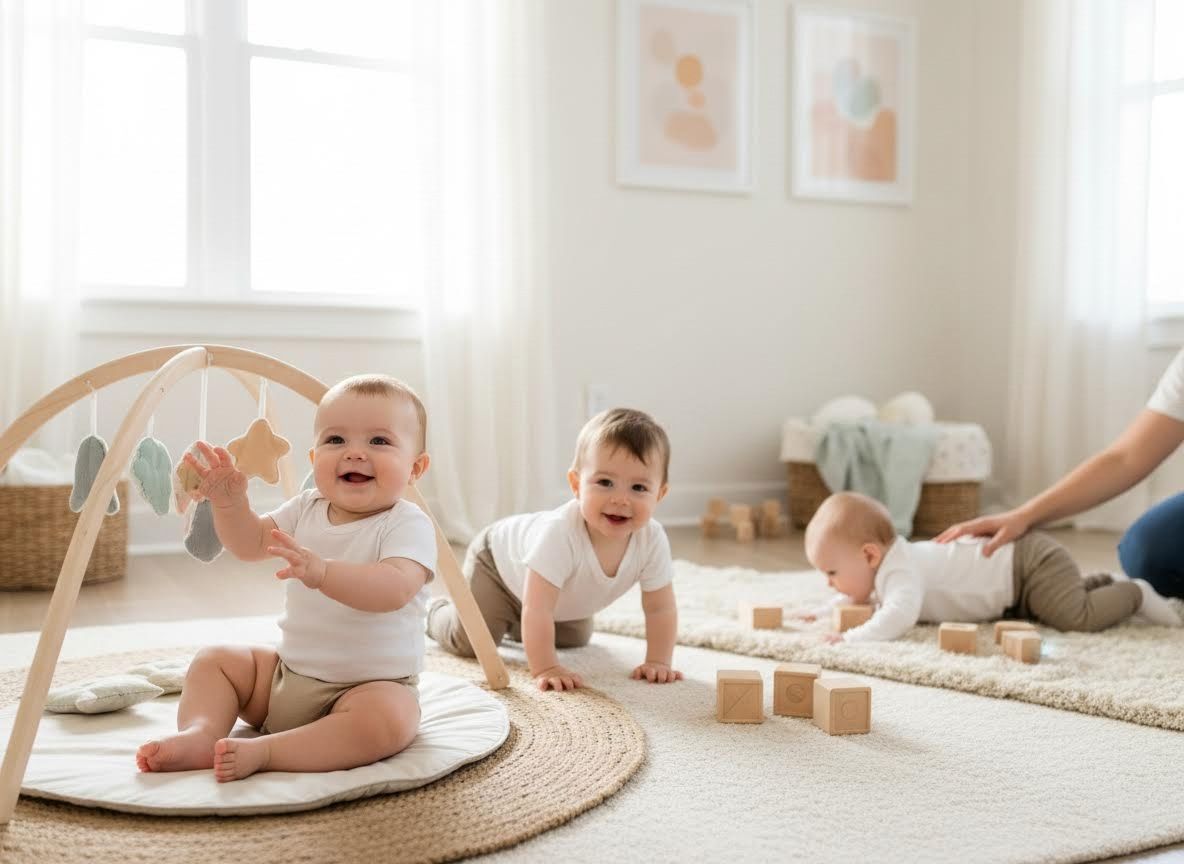 Three happy babies playing on a rug with a wooden play gym and blocks