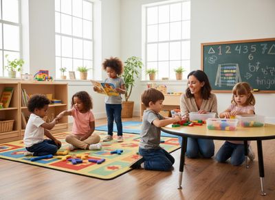 Teacher and Children Playing in a Classroom
