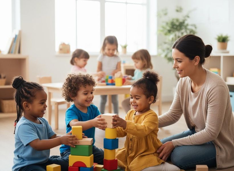 A diverse group of happy preschool children and their teacher play together on the floor, building towers with colorful wooden blocks. Preschool children and teacher playing with colorful building blocks