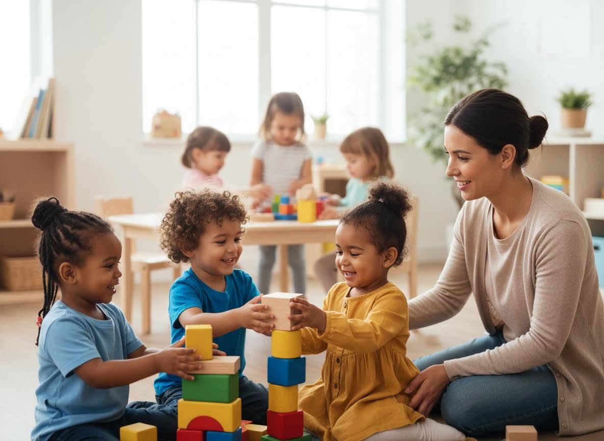 Preschool children and teacher playing with colorful building blocks