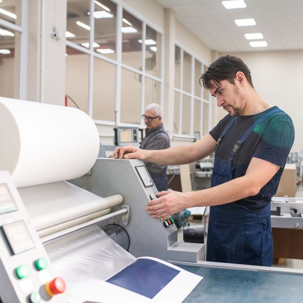 man printing banner