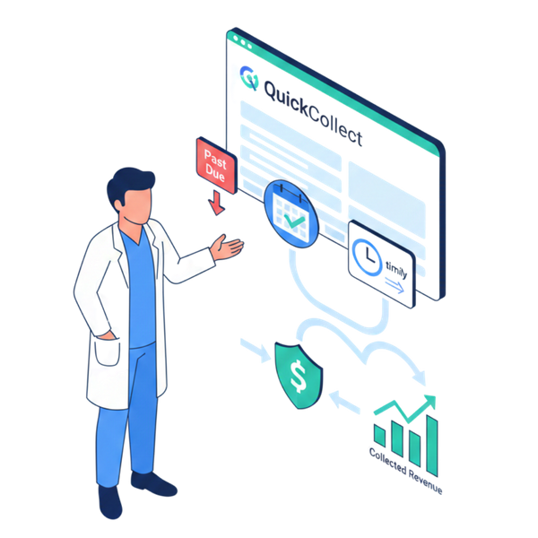 An isometric vector illustration featuring of a doctor loking at the QuickCollection system