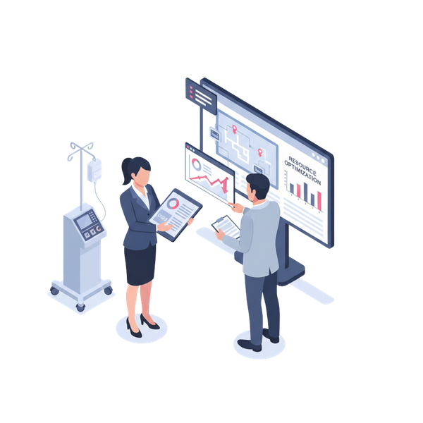 An isometric vector illustration featuring two business professionals review cost analysis for a medical practice