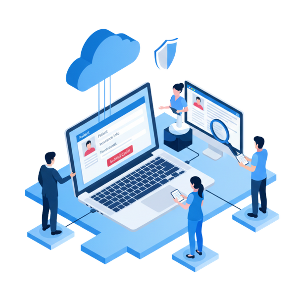 An isometric vector illustration featuring of medical professionals and billing specialists gathering around a large computer
