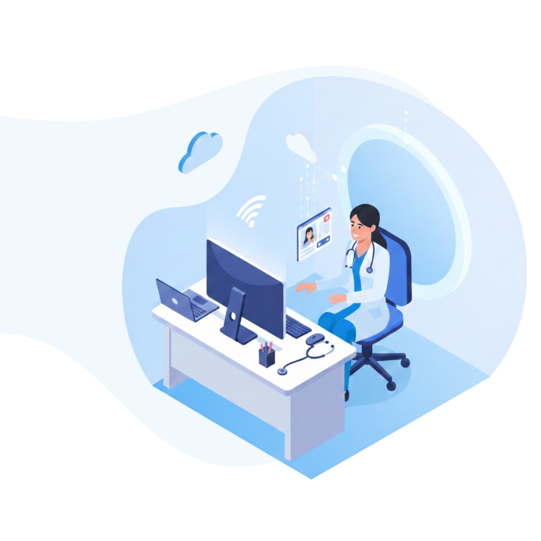 An isometric vector illustration featuring a doctor on a virtual care call