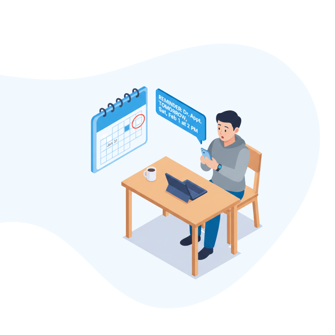 An isometric vector illustration featuring a patient receiving a virtual reminder text
