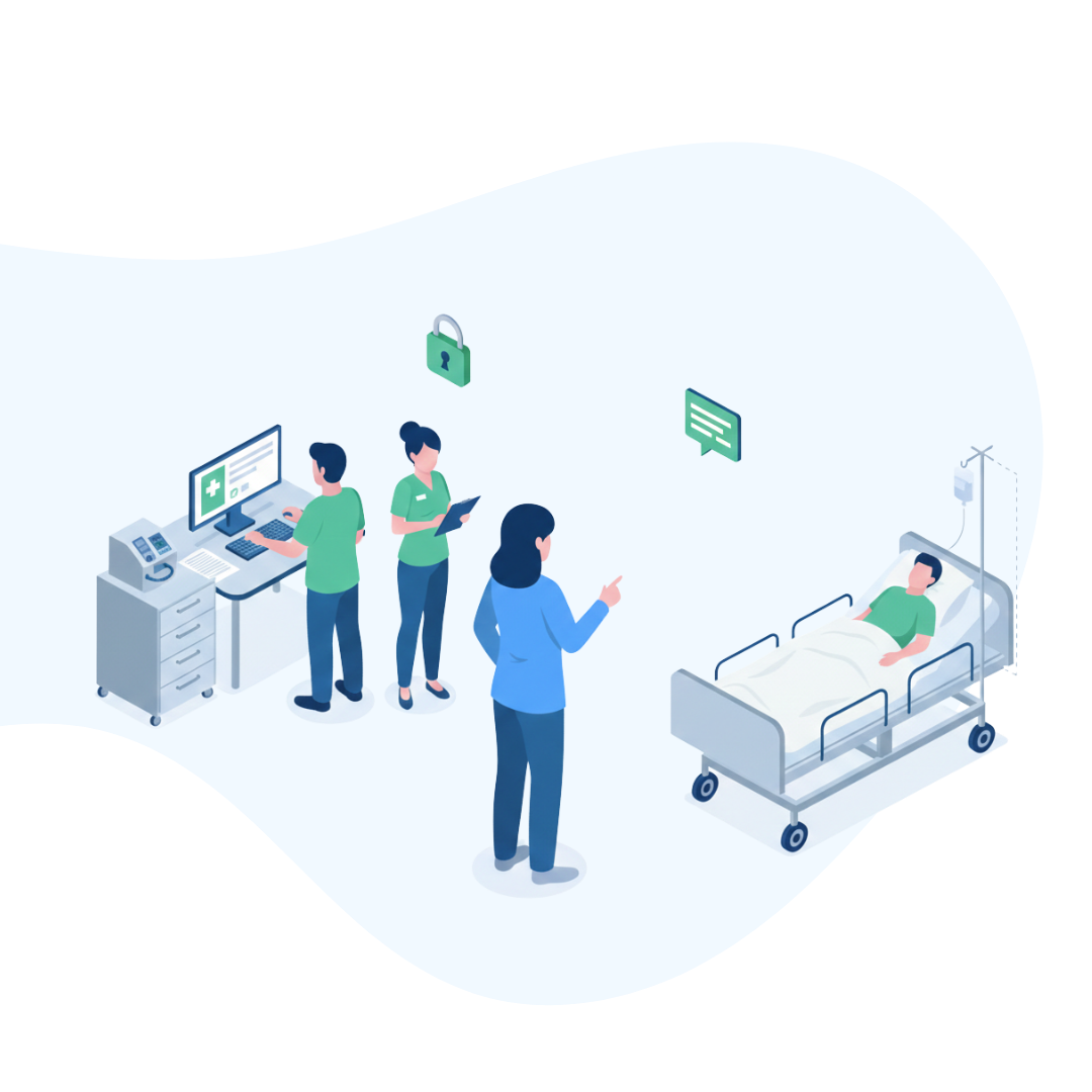 An isometric vector illustration featuring three medical professionals assisting a patient in various ways