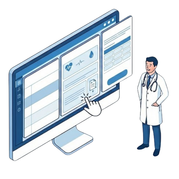 An isometric vector illustration featuring of a doctor looking at an electronic medical records solution