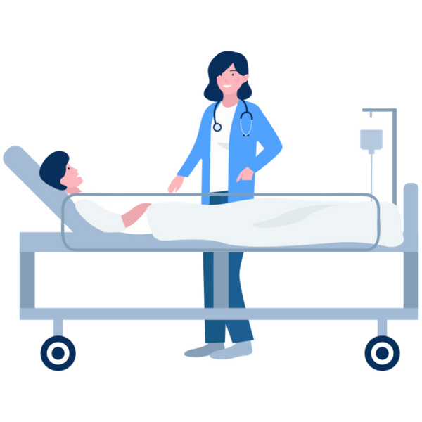 An isometric vector illustration featuring a female doctor with a stethoscope around her neck standing beside a patient resting in a modern hospital bed, set against a clean white background.