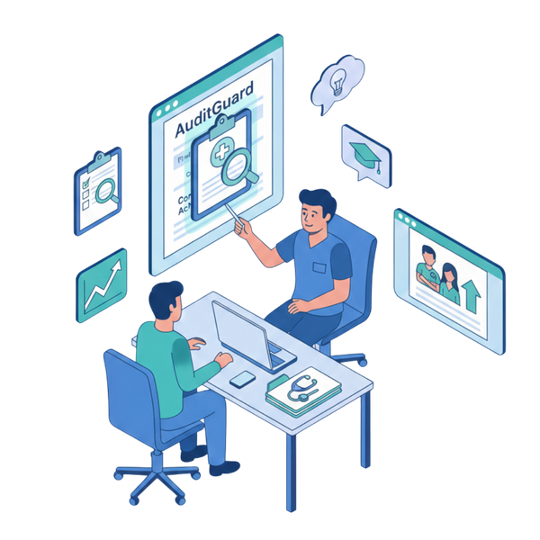 An isometric vector illustration featuring of two men reviewing the Audit Guard system, which guards profits and reduces errors for coding and billing
