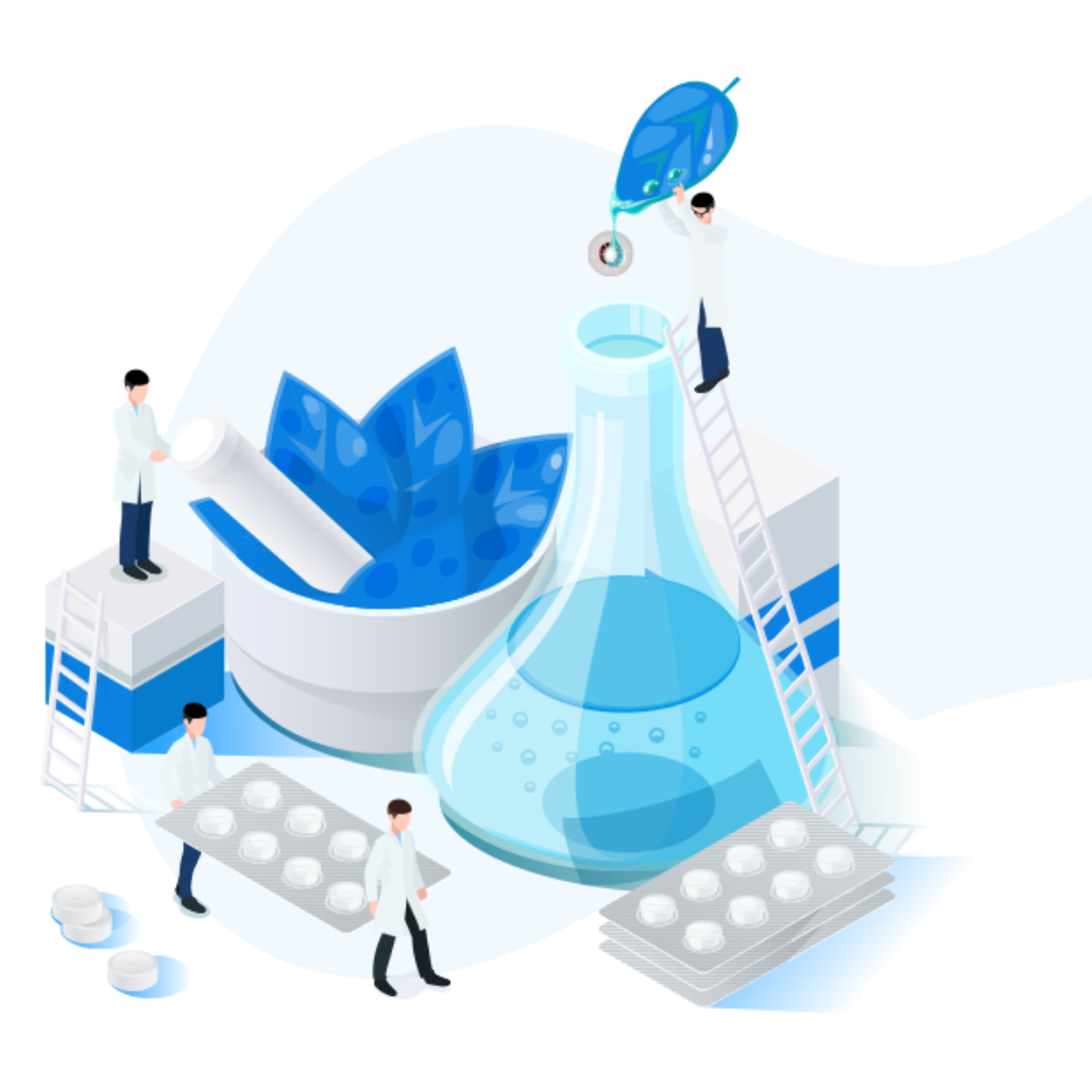 An isometric vector illustration featuring of medical elements such as a beaker, pills, test tubes, etc.