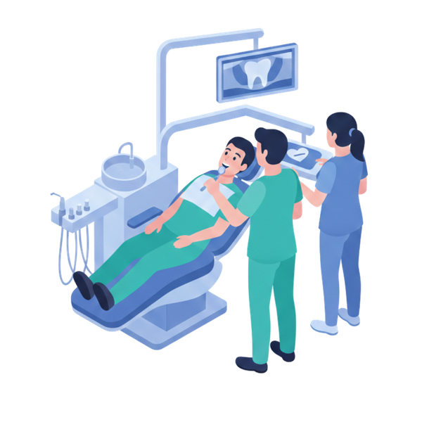 An isometric vector illustration featuring two dentists and a patient during a dental exam