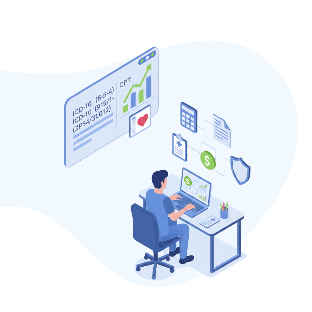 An isometric vector illustration featuring a man verifying medical coding and billing accuracy