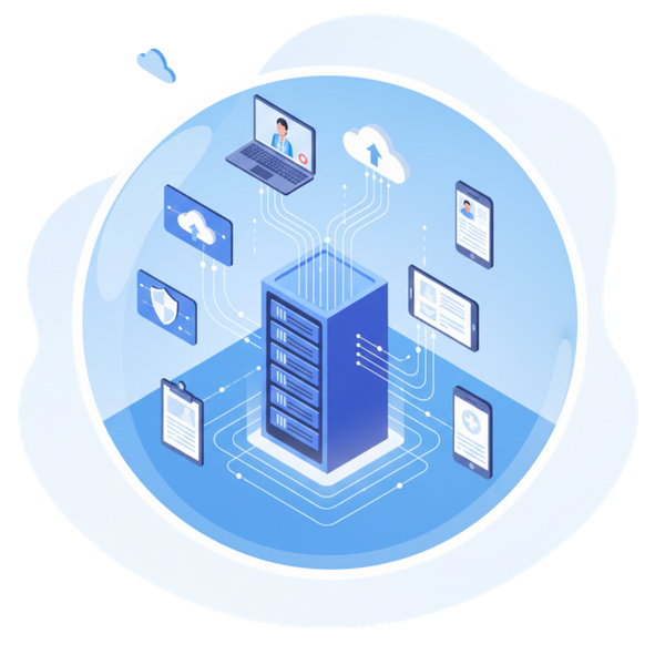 An isometric vector illustration featuring a server that hosts all of the components for virtual medical care