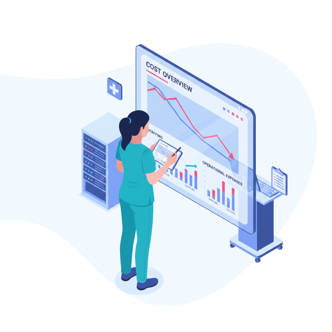 An isometric vector illustration featuring of a medical professional reviewing the cost interview of her clinic