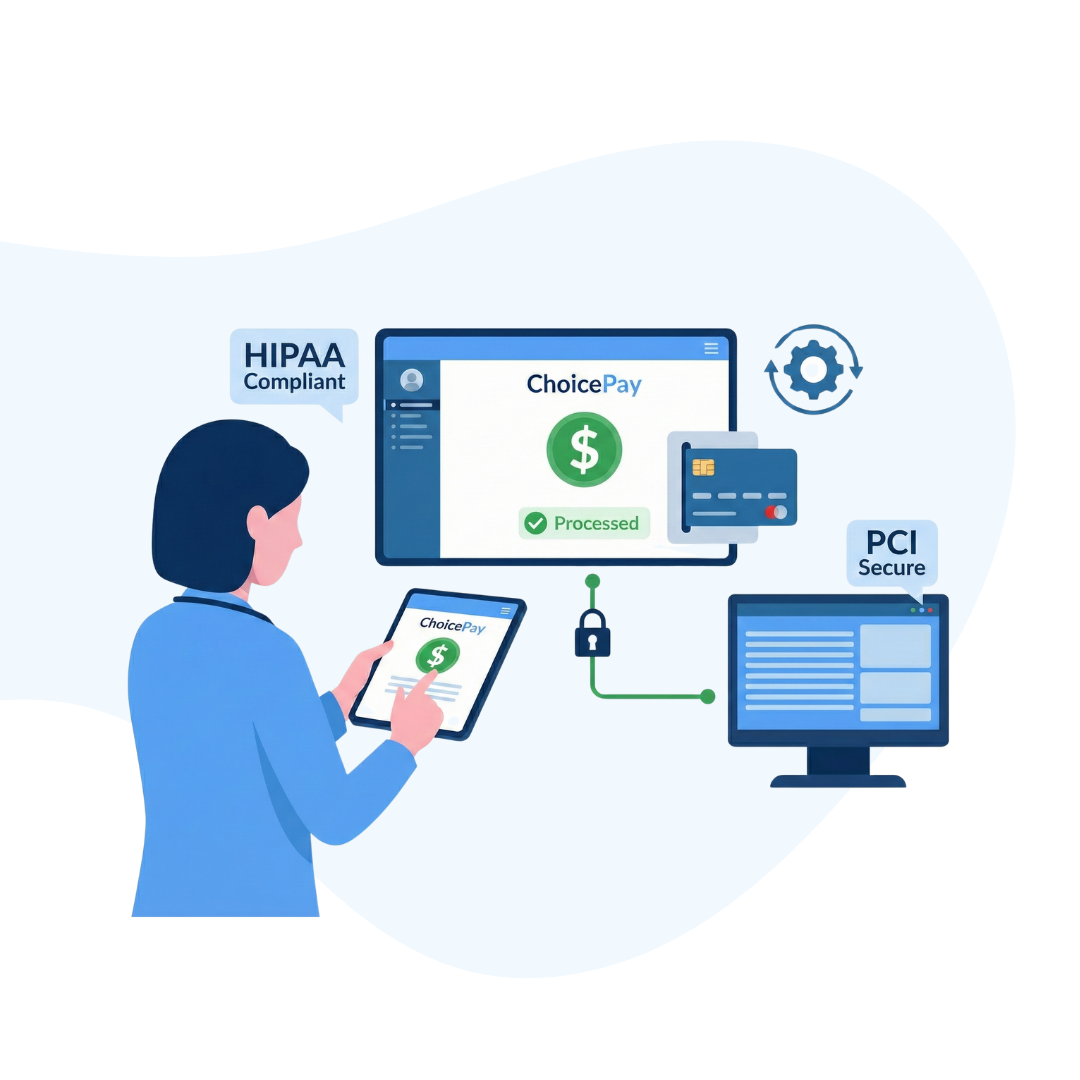 An isometric vector illustration featuring a female health care professional viewing the ChoicePay platform on a tablet