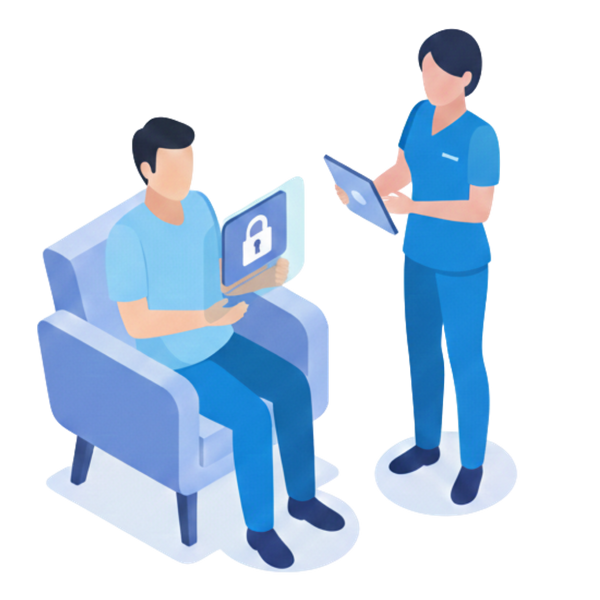 An isometric vector illustration featuring a doctor reviewing confidential information with a paient 