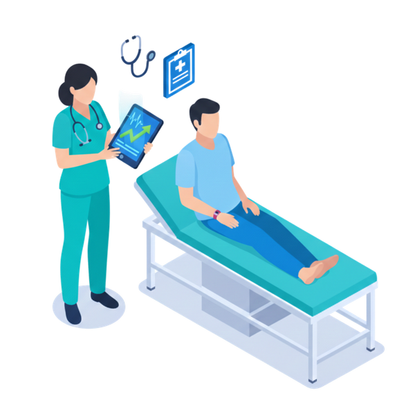 An isometric vector illustration featuring of a doctor reading a digital chart to a patient