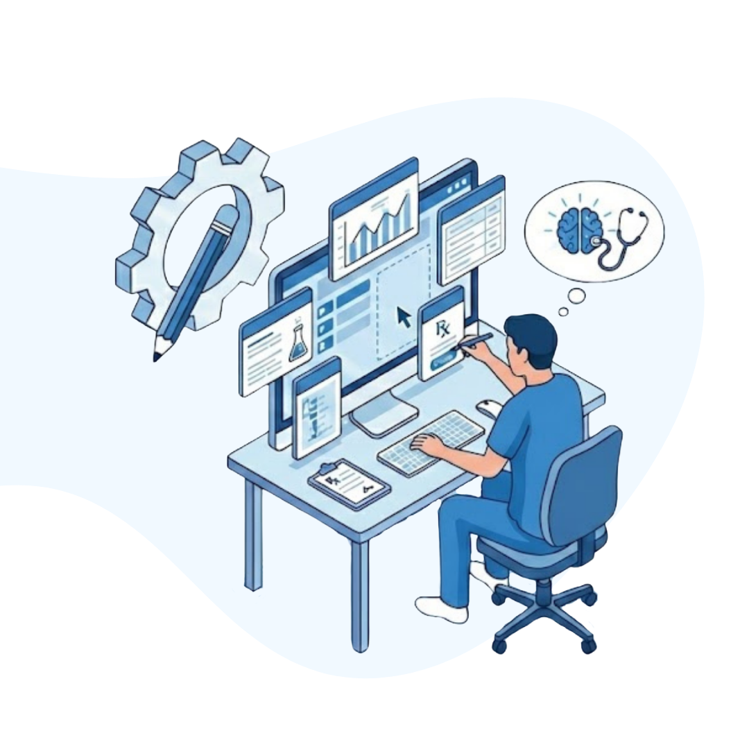 An isometric vector illustration featuring of a doctor navigating an electronic records system