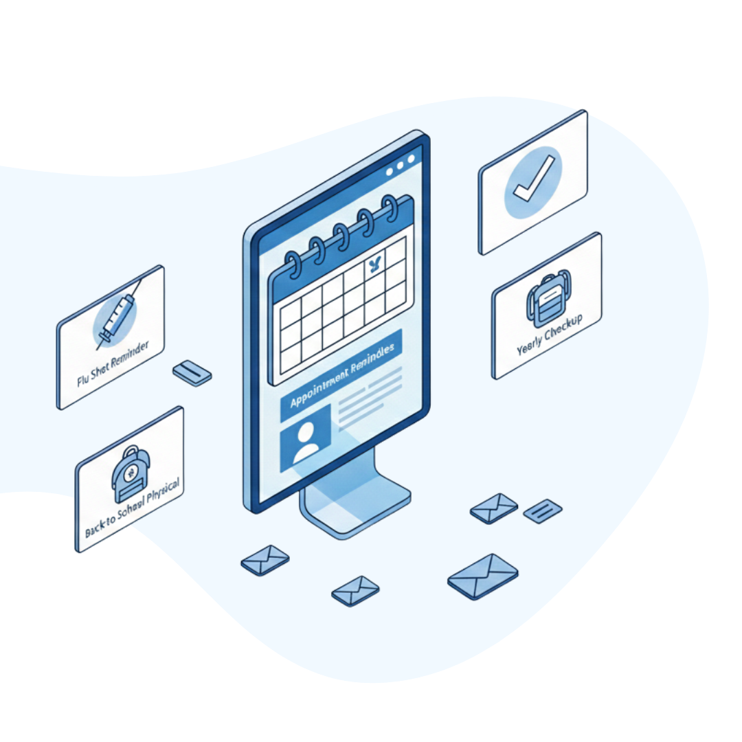 An isometric vector illustration featuring the AutoCard system, which send cards to patients for auto reminders