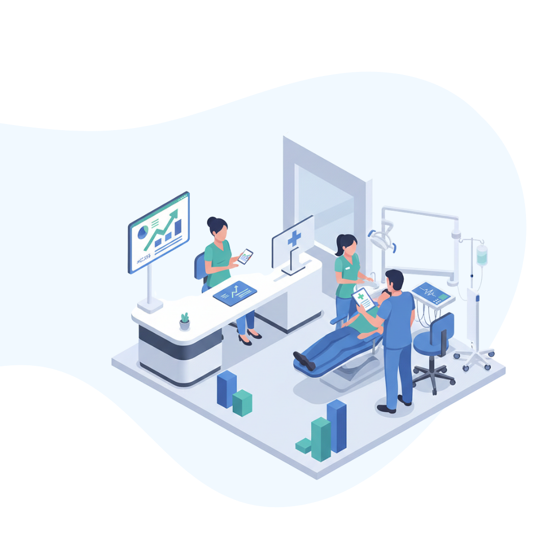 An isometric vector illustration featuring of a busy dentist's office