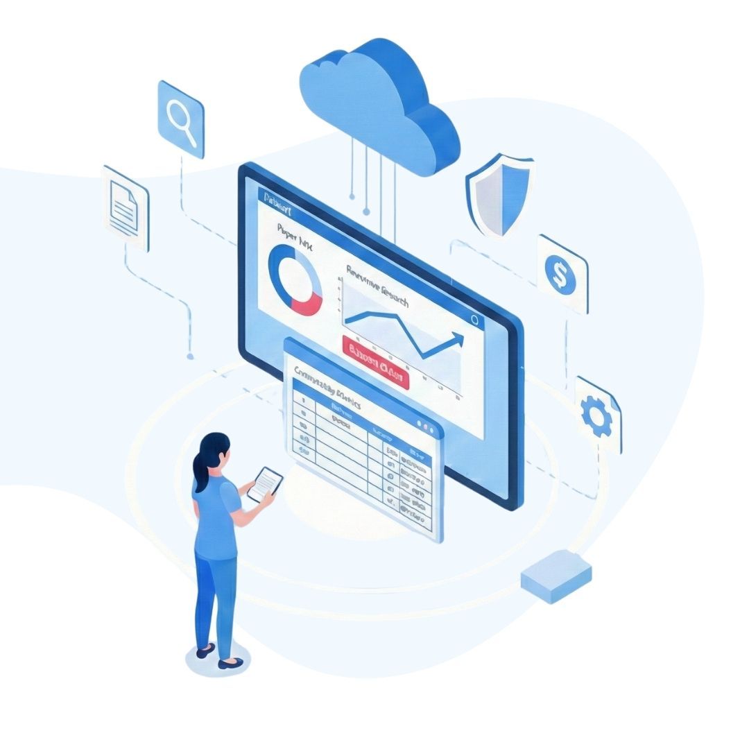 An isometric vector illustration featuring of a doctor looking at claim information as it uploads to the cloud