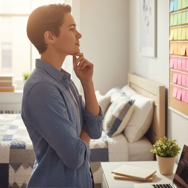 A student looking at a study plan organized with sticky notes on a corkboard.