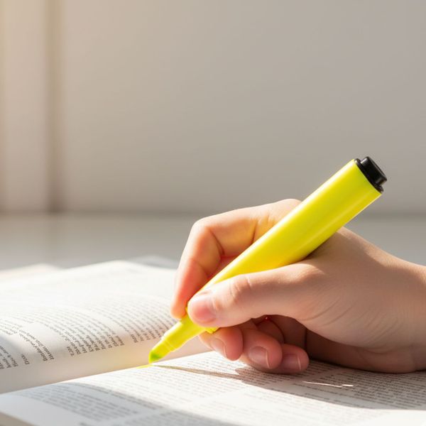 A student using a highlighter to study important concepts in a book.