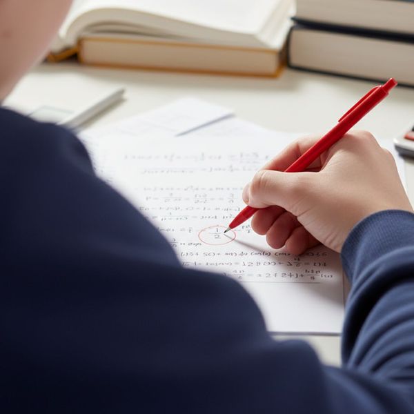 A student's hand using a red pen to analyze a complex math problem.