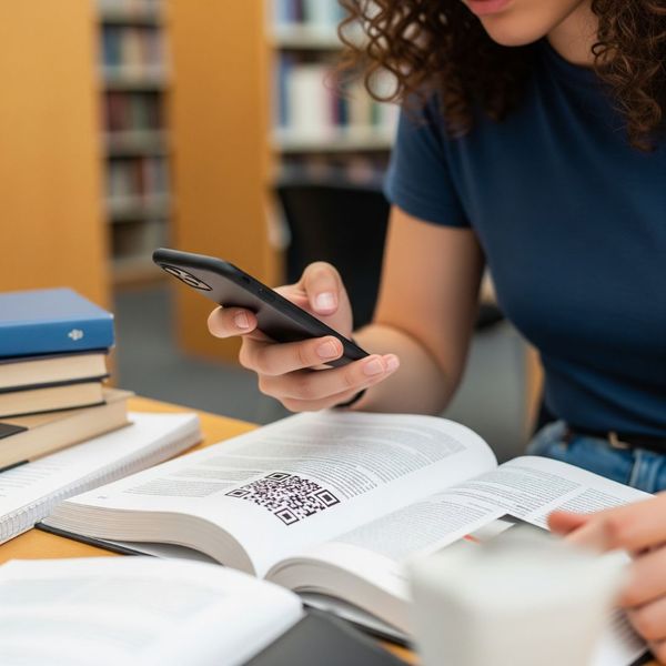 girl using qr code in textbook