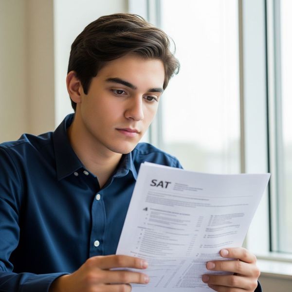 Student looking thoughtfully at an SAT test paper Student looking thoughtfully at an SAT test paper