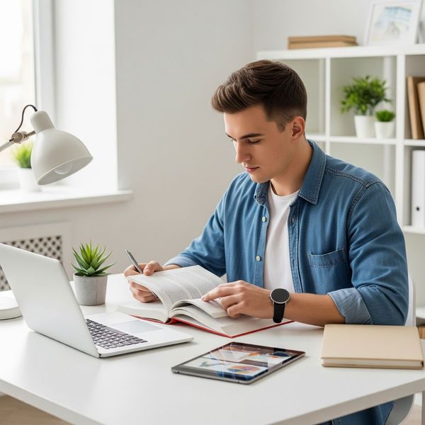 guy studying a textbook at desk
