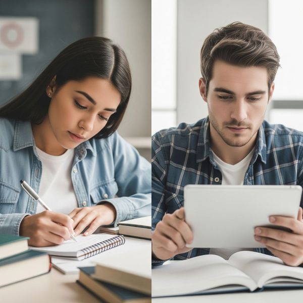 male and female student studying