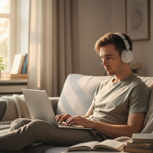 A person wearing headphones studies on a laptop while sitting on a comfortable couch. A person wearing headphones studies on a laptop while sitting on a comfortable couch.