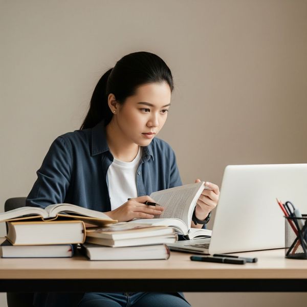 Student diligently studying with books and a laptop Student diligently studying with books and a laptop