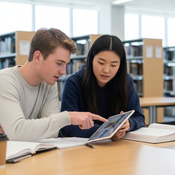 Two students work together, looking at a tablet and open books at a table. Two students work together, looking at a tablet and open books at a table.