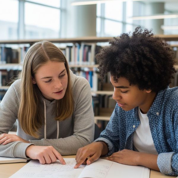 Two students collaborating and discussing their study materials at a library table.