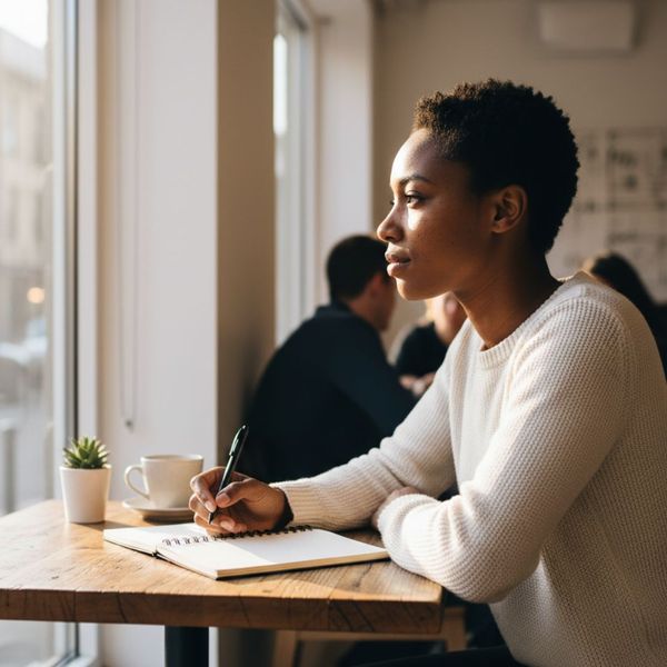 A person reflects while writing in a notebook in a brightly lit room. A person reflects while writing in a notebook in a brightly lit room.